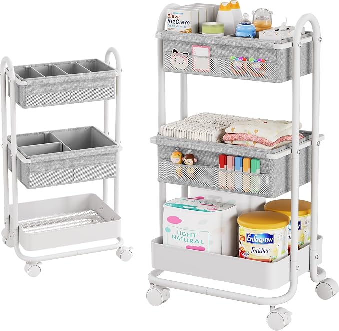 Modanais Baby Diaper Caddy Organizer Cart - 3 Tier Rolling Cart, Light Gray | Lockable Wheels, Baby Essentials Nursery Storage, Detachable Dividers - for Crib, Bedroom, Art & Craft Organizer by HomeOrganizersandStorage
