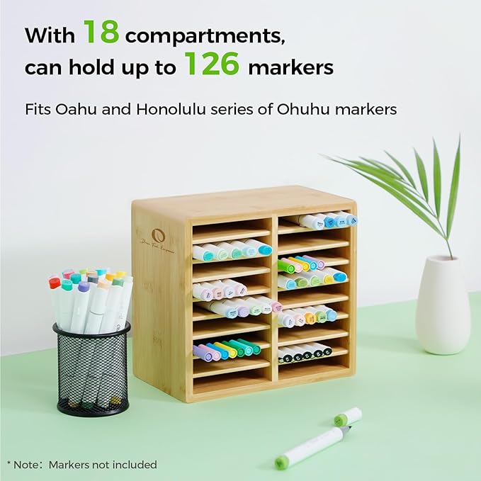 Ohuhu Bamboo Marker Organizer, Wooden Desktop Storage Holds 126 Markers | Markers Pens Pencils Art Brushes Stationary Organizer Pencil Holder with 18 Compartments for Classroom Office Decor Home - Image 3