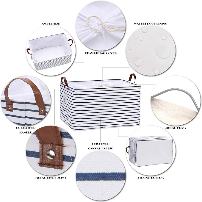 Hinwo 70L Extra Large Canvas Storage Bin with Lid and Handles, 6-Pack | Collapsible Fabric Baskets, Closet Shelf Organizers, Containers for Clothing, Blankets, Toys, Bedding (Navy Stripe) - Image 4