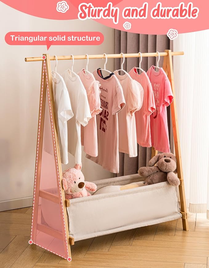 Kids Clothing Rack with Storage Box, Kids Dress Up Rack, Dance Costume Garment Rack for Hanging Clothes,Garment Rack for Hanging Clothes Organizer, Bamboo (Natural) - Image 5