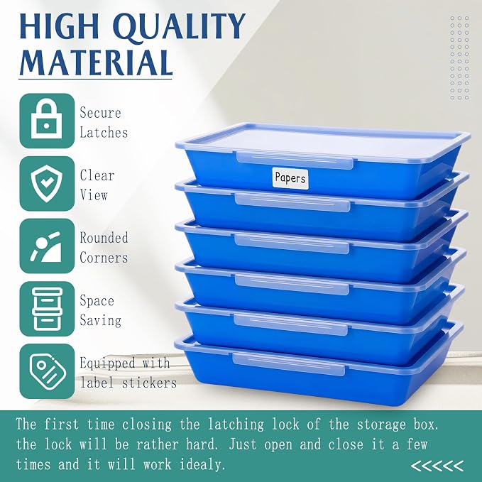 12 Pcs Classroom Paper Storage Bins with Clear Latching Lid, Label Stackable Letter Size Flat Tray Container for Teacher Back to School Supplies Home Office Desk Arts Crafts (Blue,13x10in) - Image 3