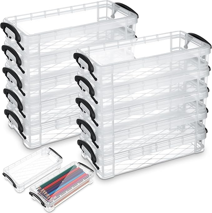 Gueevin 12 Pcs Large Capacity Plastic Pencil Box Clear Plastic Pencil Case Crayon Box with Snap Tight Lid Watercolor Pen Storage Brush Organizer Drawing Tools Container (Grey) by Gueevin