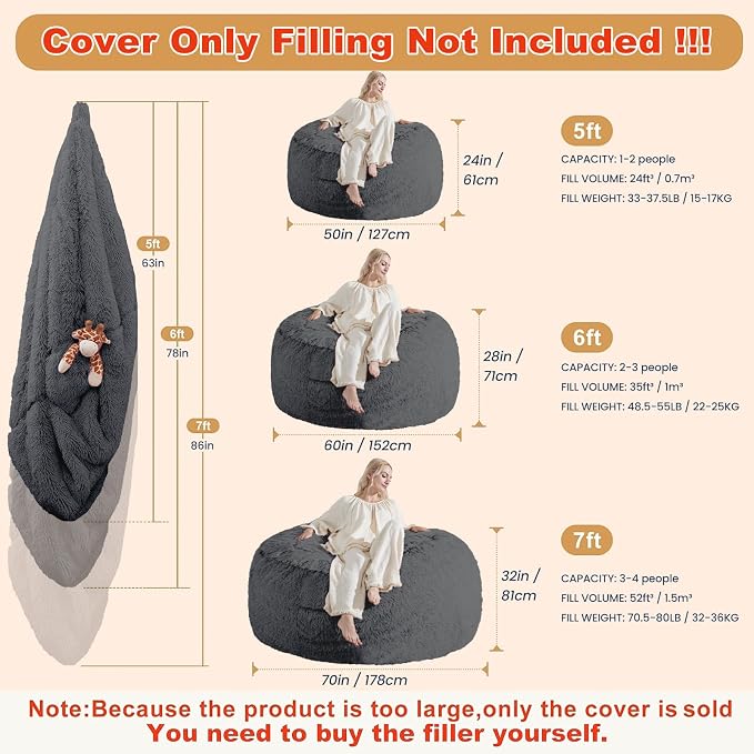 Bean Bag Cover (No Filler) - Faux Fur Beanbag Chairs Covers Only, Stuffed Animal Storage Bean Bag for Adults, Large Washable Beanbag Cover Without Filling, 5FT, Dark Grey - Image 2