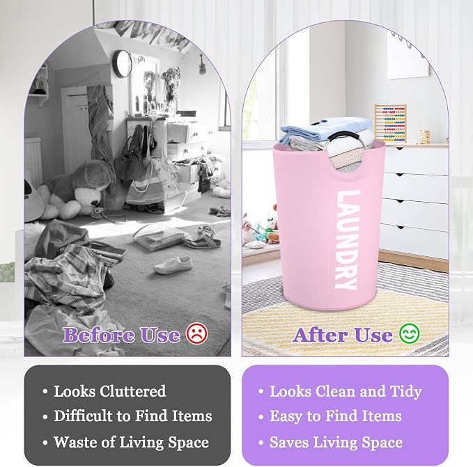 125L Pink Laundry Basket, Extra Large Clothes Basket with Handles, Waterproof Dirty Clothes Hamper, Collapsible Laundry Bin Stand Upright, Sturdy Storage Basket for Bathroom, Flat, Pink - Image 5
