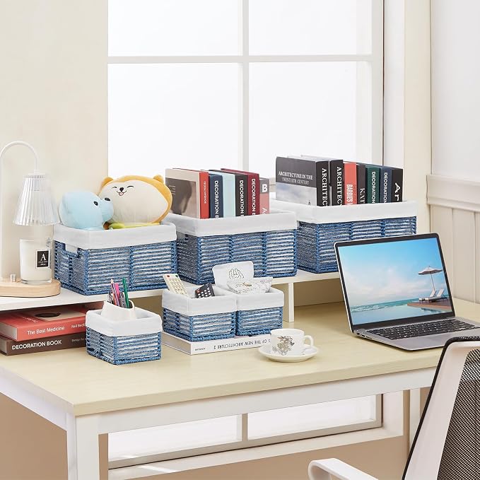 Wicker Storage Basket, 6 Pack Baskets for Organizing, Wicker Baskets with Handle, Rectangular Woven Basket for Storage Shelves, Cube Storage Bins for Closet/Clothes/Dresser, Blue - Image 6