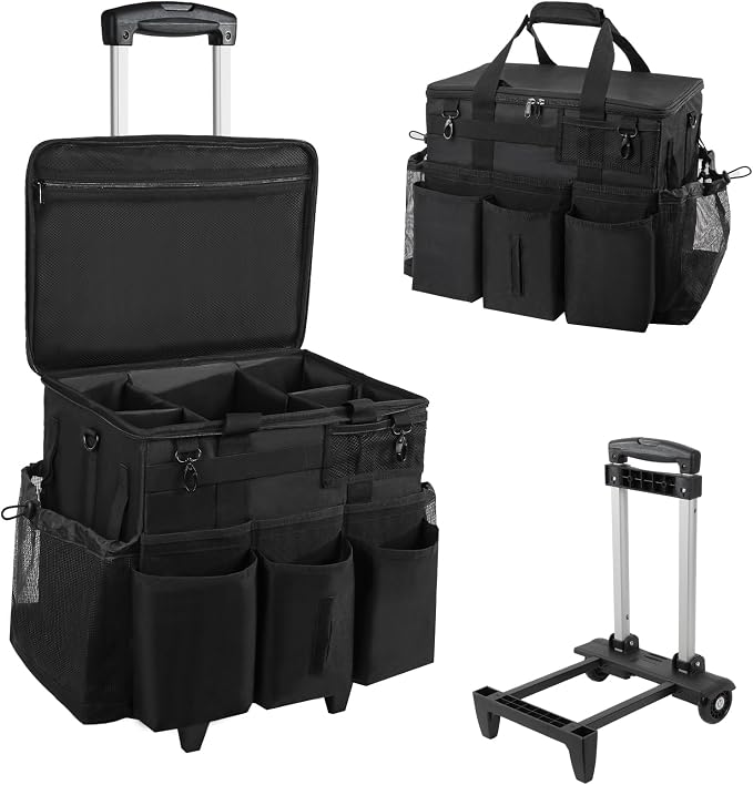 SCAVATA Rolling Cleaning Caddy Bag with Detachable Trolley, Large Cleaning Supplies Organizer with Wheels, Multi Pocket Cleaning Cart with Adjustable Shoulder Strap for Housekeepers & Home Use, Black by Tidyyourlife