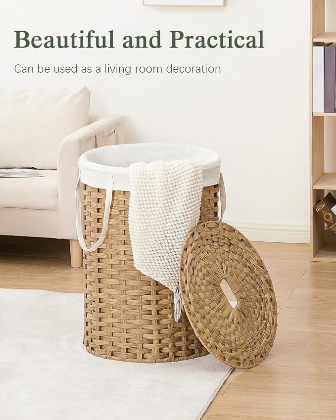 SETVSON Laundry Basket with Lid Round 29.1 Gal PE Rattan, Natural | Family Clothes & Blanket Trunk with Lid, Removable Liner Bag with Handles, 2 Mesh Wash Bags, Collapsible Steel Frame - Image 7