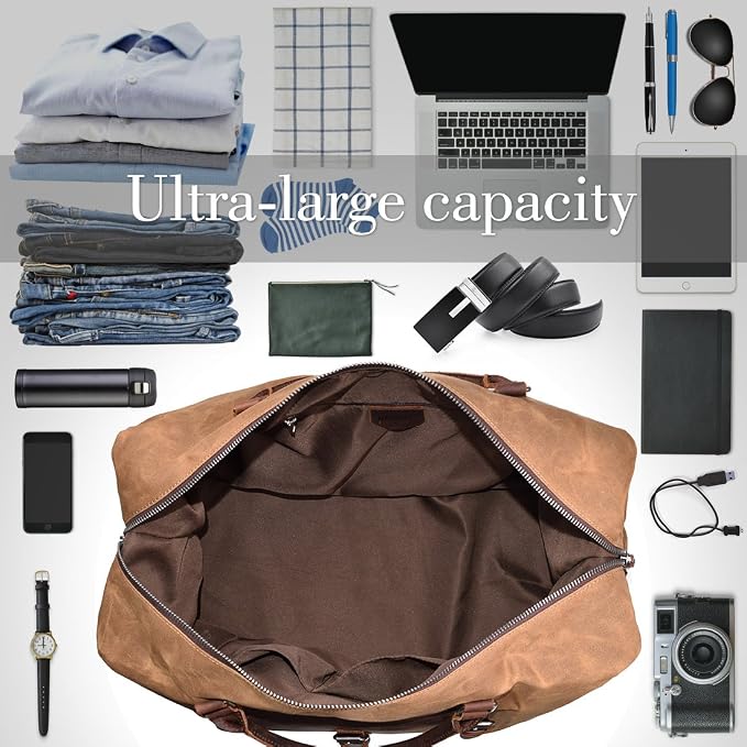 NEWHEY 55L Travel Duffel Bag, Waterproof Waxed Canvas & Leather Weekender Bag for Men, Large Carry-on Overnight Bag for 4-5 Day Business Trips & Weekend Getaways, Brown - Image 3