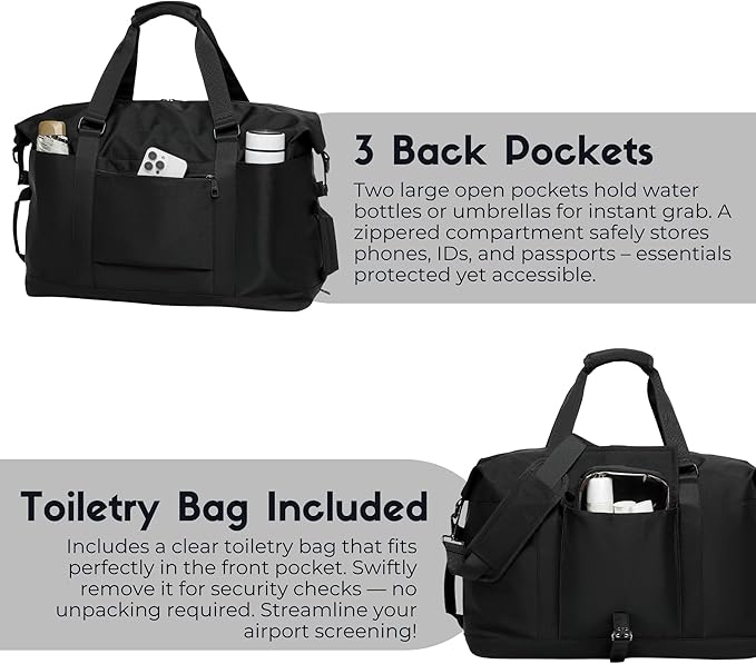 Duffel with Utility Pouch, 40L Weekender Overnight Bag with Shoe Compartment for Travel and Sports (Black) - Image 5