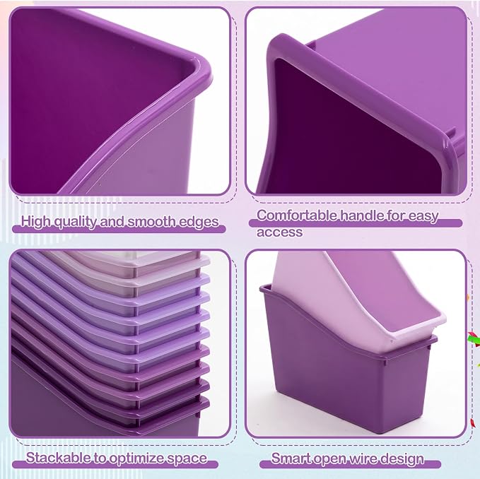 Geetery 12 Pcs Book Bin for Classroom with Labels Stackable Plastic Organizing Bins 11.5 x 5.4 x 7.5 in Book Holders Storage Bins Box Baskets for Classroom Library Home (Purple Color Series) - Image 3