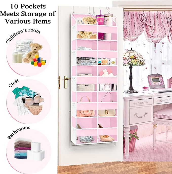 Pink Over The Door Organizer 5 Tiers, Extra Large Behind Door Storage of 10 Compartments, 50 lbs Weight Capacity Over The Door Storage for Closet, Diaper Organizer - Image 3