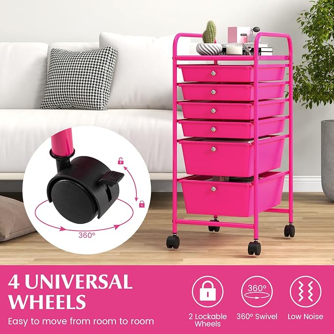 GOFLAME 6-Drawer Rolling Storage Cart, Multifunctional Art Craft Organizer, Mobile Utility Storage with Removable Drawers & Lockable Wheels, Craft Cart for Home Office, Hot Pink - Image 5