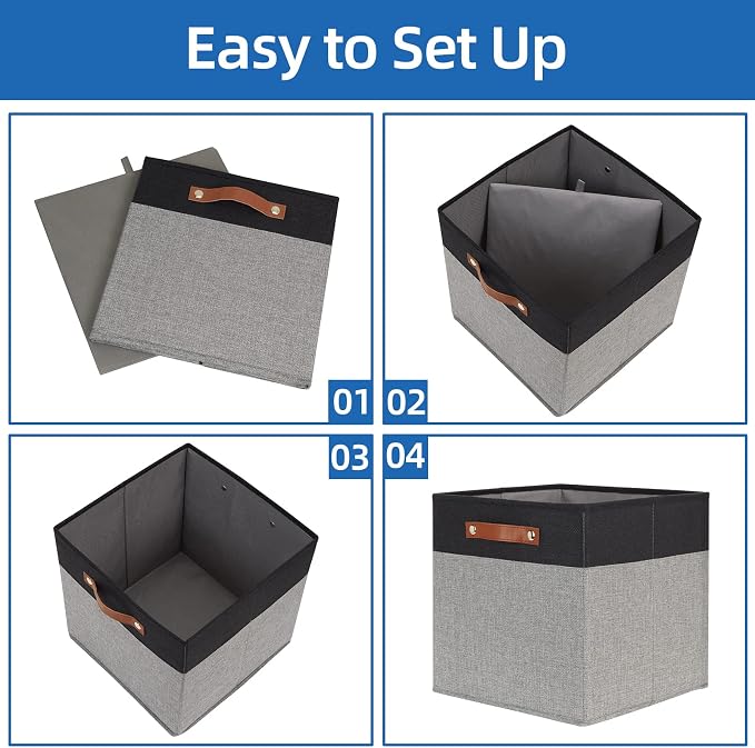 Temary 13 x 13 Storage Cubes Foldable Storage Cubes 4 Pack Canvas Storage Bin for Home, Square Storage Baskets with Leather Handles (Black&Grey) - Image 7