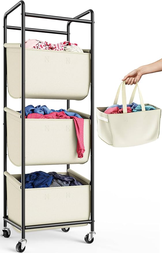 3 Section Laundry Sorter with Removable Bags, 120L Rolling Vertical Laundry Hamper, Stackable Laundry Baskets organizer for Bathroom, Apartment, Dorm (Beige, With Wheel) by Unknown