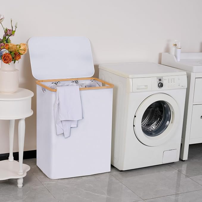 efluky Laundry Hamper with Lid, Trio Laundry Basket with 2 Removable Bags, 3 Section Laundry Bin with Bamboo Handles for Bathroom, Bedroom & Laundry Room, 160L (42.3 Gallon) White - Image 6