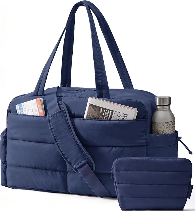 BAGSMART Gym Bag for Women, Lightweight Puffer Duffle Bag 2-PC Travel Bag, 31L Weekender Overnight Bag Quilted Carry On Tote Bag, Diaper Hospital Dance Bag for Travel, Gym, Water Resistant, Navy Blue by BAGSMART