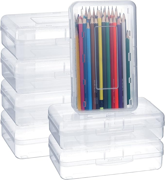 Leelosp 12 Pack Pencil Boxes Bulk, Large Plastic Case,Clear | Stackable Hard Storage Box with Snap Lid for School Classroom, Desk Drawer Organizer, Crayons Markers Kids Supplies by Leelosp