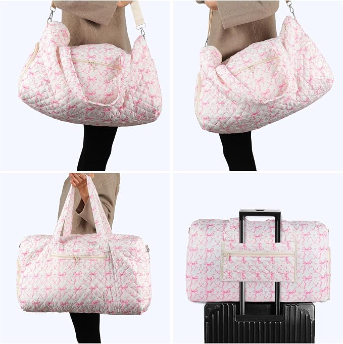 Quilted Pink Bow Duffel Bag 2 Pack Weekender with Shoe Compartment | Pink Bow Quilted Travel Duffel for Women, Carry On Overnight Bag with Toiletry Pouch, Hospital Bag for Labor Delivery & Gym - Image 5