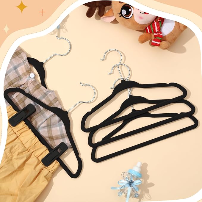 50 Pack Velvet Hangers for Baby & Kids, 11 Inch Non-Slip Infant Clothes Hangers with 100 Multi-use Adjustable Clips, Slim Space Saving Hanger for Nursery Closet, Toddler Skirts Pants Coat, Black - Image 5