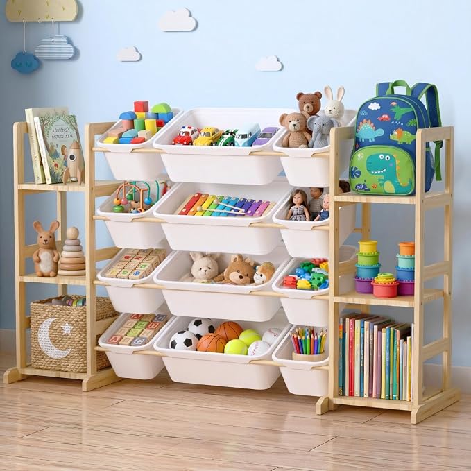 Toy Storage Organizer with Bookshelf for Kids, Large Wooden Shelf with 12 Storage Bins & 6 Shelves, Toy Box Organization for Kids Rooms, Playroom, Nursery and Living Room by Unknown