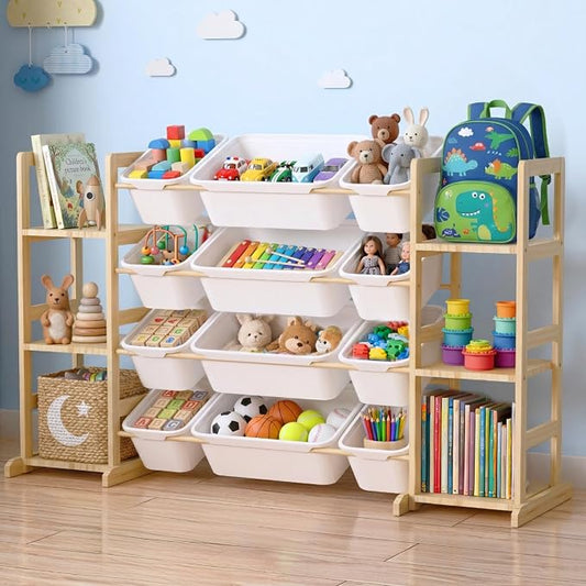 Toy Storage Organizer with Bookshelf for Kids, Large Wooden Shelf with 12 Storage Bins & 6 Shelves, Toy Box Organization for Kids Rooms, Playroom, Nursery and Living Room by Unknown