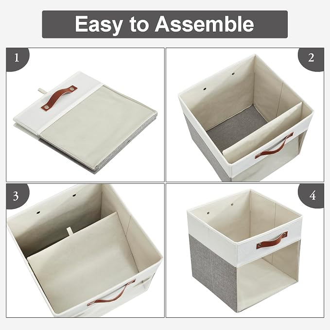Storage Cubes, 4 Pack Linen Foldable Storage Bins with Clear Window and 2 Handles, 13x15x13 Storage Cube Bins for Shelf Closet, Kallax, Clothes, Books - (Gray / Off-White) - Image 4