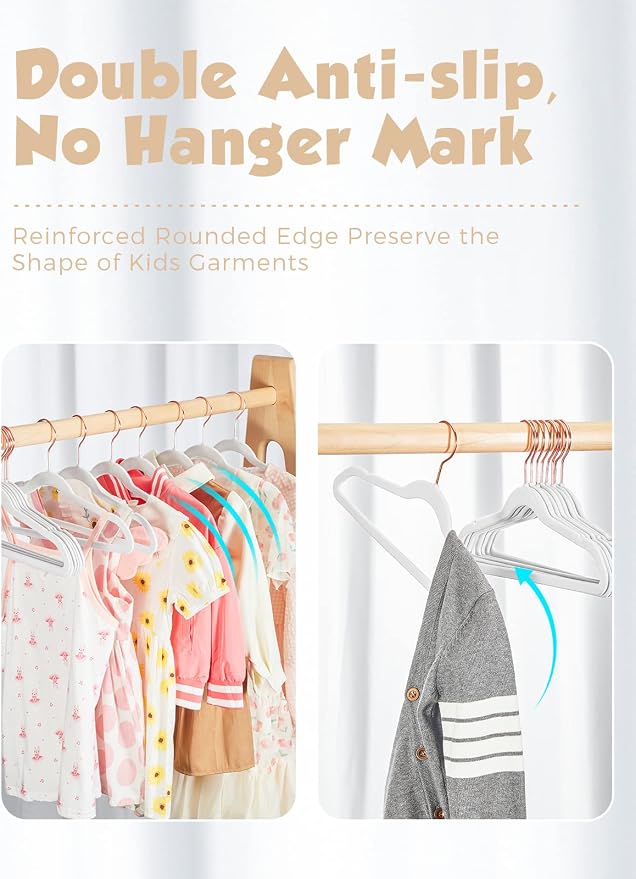Kids Velvet Hangers 100 Pack, 14 Inch Non Slip Felt Hangers, White | Premium Kids Hangers for Closet Storage, Space Saving Toddler Clothes Hanger for Youth's Childrens' Clothes (Rose Gold Hook) - Image 2