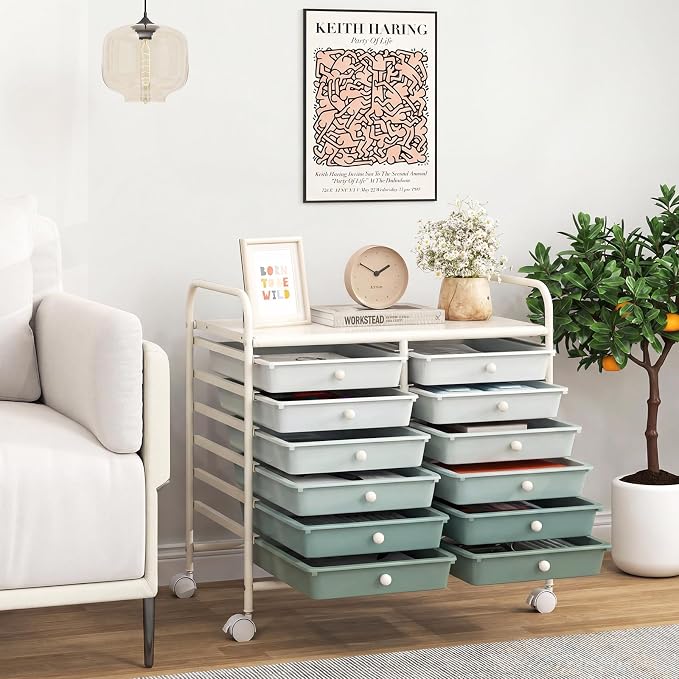 RELAX4LIFE 12-Drawer Rolling Storage Cart - Mobile Utility Cart on Wheels for School Classroom Teacher Office Salon, Paper File Art Supply Craft Organizer, Rolling Cart with Drawers (Gradient Green) - Image 2