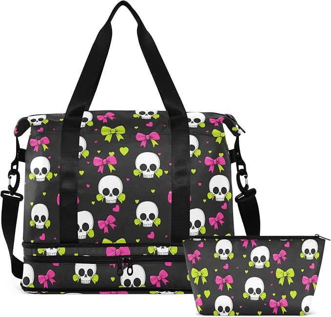 Travel Duffel Tote Bag Skull and Bow Sports Duffel Bag with Wet Pocket Weekender Overnight Bag for Women Men Gym Bag, Carry On Bag Hospital Bag for Labor and Delivery by MNSRUU