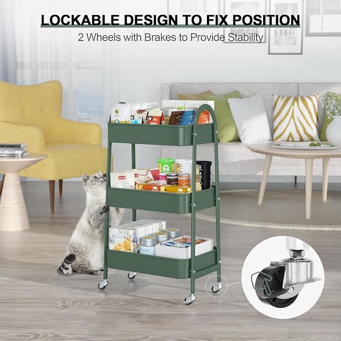 3 Tier Utility Rolling Cart, Metal Storage Cart with Handle and Lockable Wheels, Multifunctional Storage Organizer Trolley with Mesh Baskets for Kitchen, Living Room, Office, Garage (Jungle) - Image 5