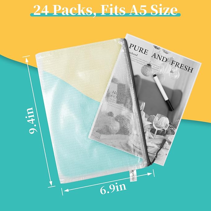 A5 Mesh Zipper Pouch, 24 Pack 9.4" x 6.9" Plastic Zipper Pouches for Organizing, Multipurpose Waterproof Zipper Bags for Travel Office Home Storage, Black - Image 2