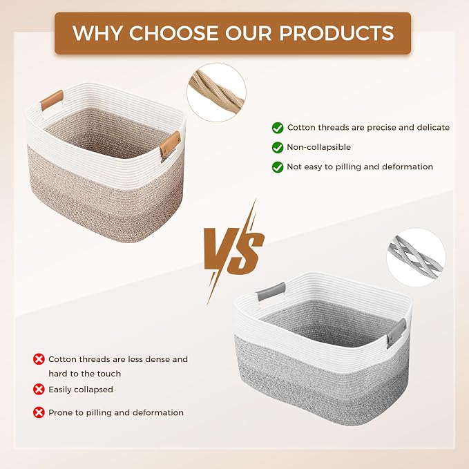 108L Large Blanket Basket for Living Room, Woven Storage Basket with Leather Handles, Cotton Rope Storage Organization in Nursery for Toys & Clothes 25 ''* 16 ''*16 '', Gradient Brown - Image 6