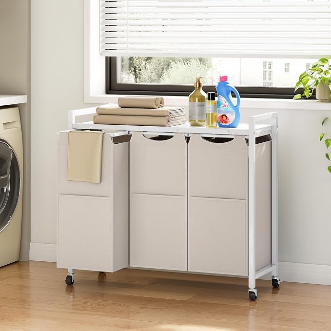HOOBRO Laundry Sorter 3 Section, Laundry Hamper with Wheels, 3 × 11.5 Gal (43.4L), Rolling Laundry Basket, Pull-Out and Removable Oxford Fabric Bags, White WG76XY01 - Image 4