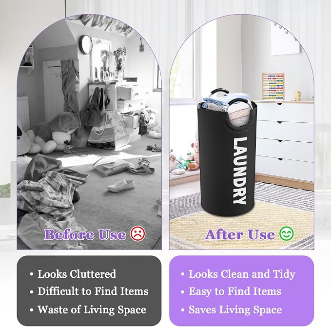 95L Large Laundry Hamper for Adult, Foldable Black Laundry Basket with Soft Handles, Freestanding Dirty Clothes Hampers, Portable Laundry Bin for Flat, Bathroom, Black - Image 4