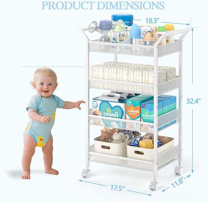 2 Pack Baby Diaper Caddy Cart, 4-Tier Diaper Caddy Organizer and Storage, Rolling Utility Cart for Baby Supplies, Diaper Cart with Wheels for Bedroom, Nursery, Changing Table, White - Image 2