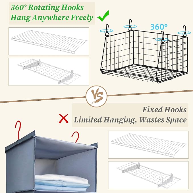 3-Pack Hanging Laundry Room Organizaton：Foldable Laundry Basket Wire Basket with 360°Rotating Hooks Small Space Organization Over Washer and Dryer Shelves - Hanging Closet Organizer, Black Patent - Image 5