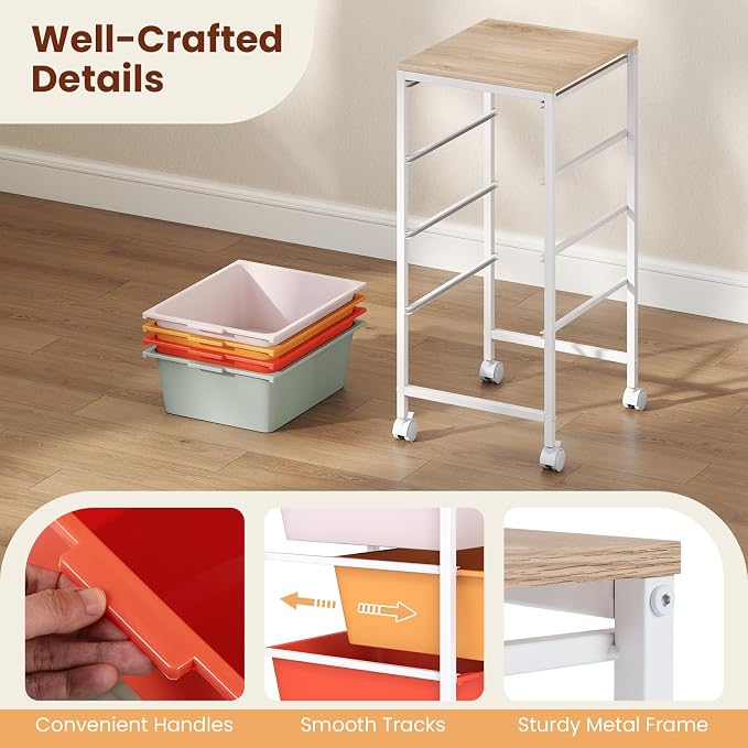 Giantex Rolling Storage Cart with 4 Drawers, Utility Cart w/Wooden Tabletop, Lockable Wheels, Multipurpose Organizer for Art Craft Scrapbook Paper, Drawer Carts for Dorm Classroom Office, Macaron - Image 6