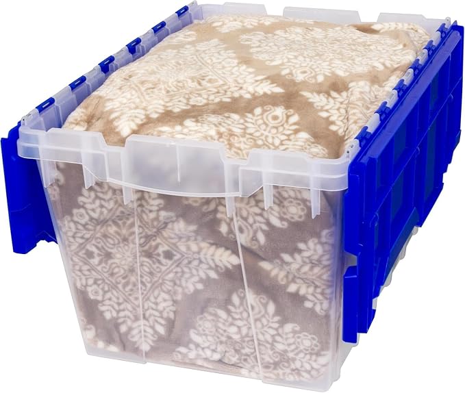 Akro-Mils KeepBox 12 Gallon Storage Container, Nesting and Stackable Plastic Storage Box with Lid Attached, Clear Tote for Garages, Closets, and Moving, 21-1/2" x 15" x 12-1/2", Clear/Blue, 6-Pack - Image 10
