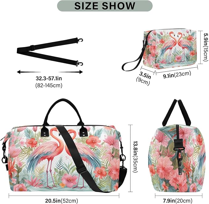 Large Travel Duffel Bag Sports Tote Gym Bag Overnight Weekender Bags Flamingo Floral Carry On Luggage with Toiletry Bags - Image 3