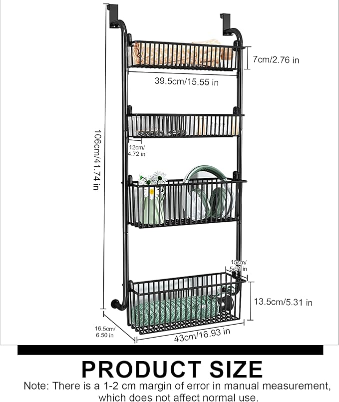 Over the Door Organizer, Metal Behind Door Hanging Storage, Toys Umbrellas Bags Organizer Rack, Large Capacity Organizer for Bedroom Bathroom Kitchen Pantry Closet Cabinet (Black,Four-Tier) - Image 2