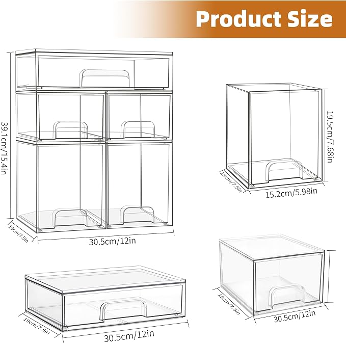 Baby Bottle Organizer, 5 Pack Stackable Storage Drawers with Labels, Clear Station Organizers Container for Pacifiers, Pump Parts, Desk Organizer Bins for Bathroom, Cabinet, Pantry, Vanity, Countertop - Image 3