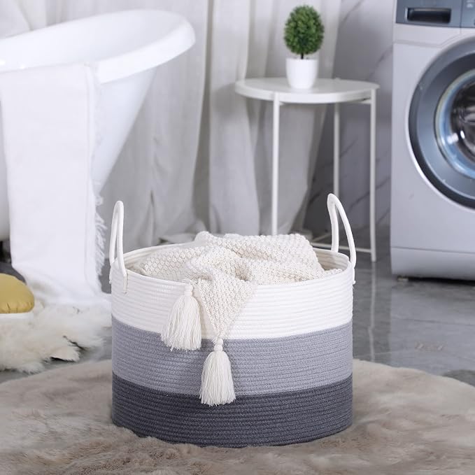 KAKAMAY Large Blanket Basket (20"x13"),Woven Baskets for storage Baby Laundry Hamper,Cotton Rope Blanket Basket for Living Room, Laundry, Nursery, Pillows, Baby Toy chest with Handles (White/Grey) | Extra Large Capacity | Natural Cotton Rope | Blanket ... - Image 8