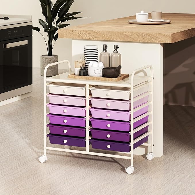 RELAX4LIFE 12-Drawer Rolling Storage Cart - Mobile Utility Cart on Wheels for School Classroom Teacher Office Salon, Paper File Art Supply Craft Organizer, Rolling Cart with Drawers (Gradient Purple) - Image 9