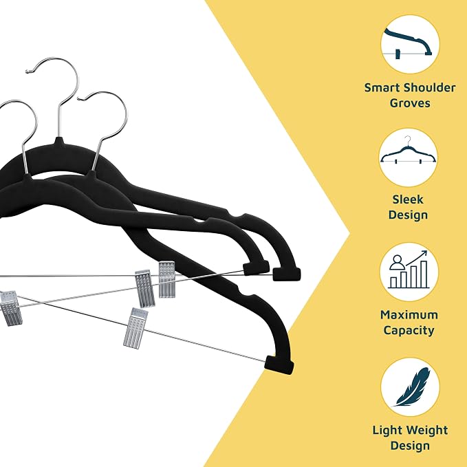 Lifemaster Velvet Skirt Hangers – with Adjustable Clips, 360 Degree Swivel Hook, and Non-Slip Shoulder Notch, Holds Up to 10 lbs, for Organizing Skirt, Pants, Dress, and Clothes, Pack of 50, Black - Image 5