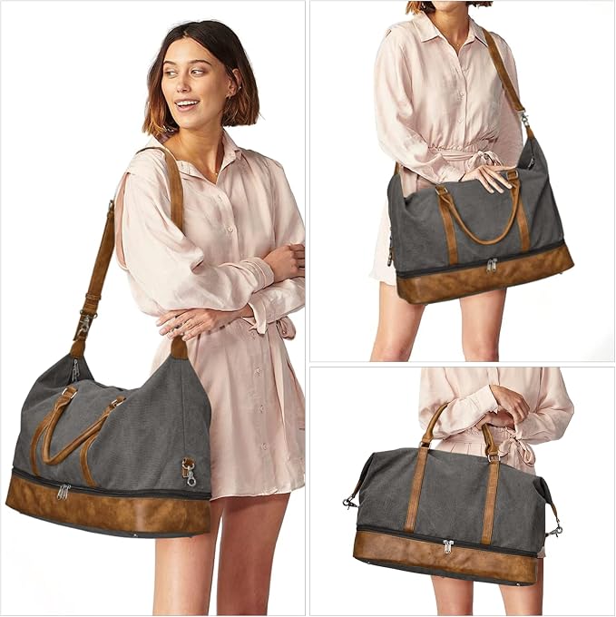 S-ZONE Weekender Bags for Women and Men Travel Duffel Bags with Shoe Compartment Overnight Carry on Duffle Tote Bag | Soft Canvas and Leather Trim, with Toiletries Bag,Carry-on Size,Trolley Sleeve,Adjustable Shoulder Strap,Shoe Compartment - Image 7