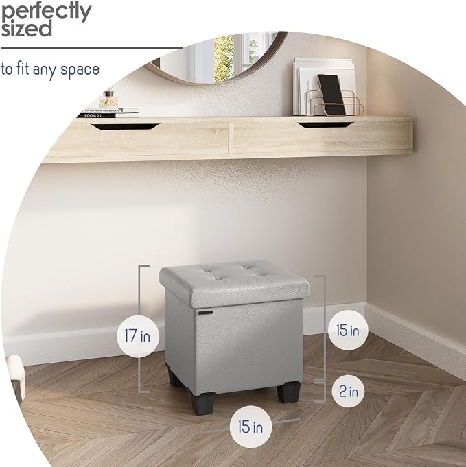 Storage Ottoman Cube with Small Bin, 15-in Square Ottoman with Storage for Living Room and Bedroom, Small Ottomans Foot Rest, Leather Foot Stools Ottomans Max 330lbs, Light Grey - Image 8