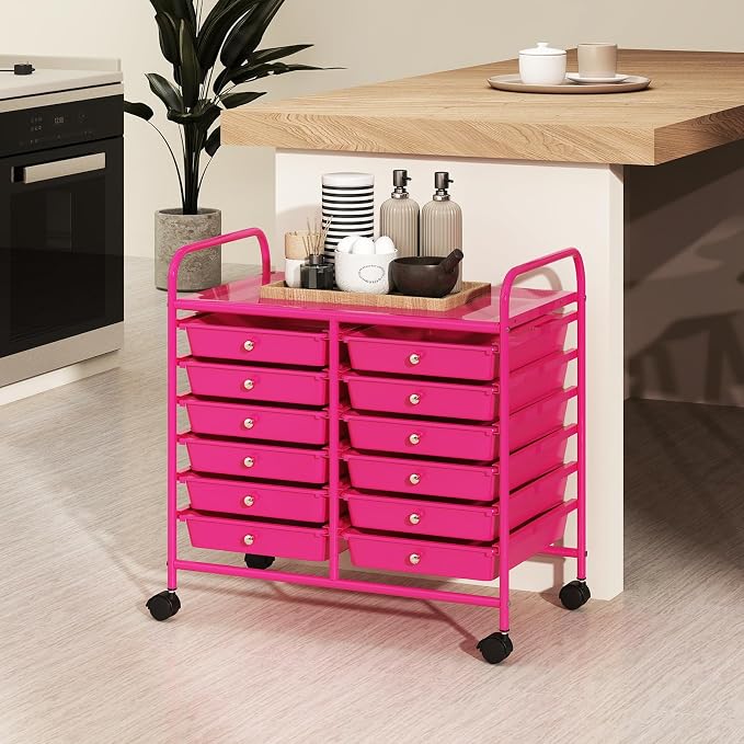 RELAX4LIFE 12-Drawer Rolling Storage Cart - Mobile Utility Cart on Wheels for School Classroom Teacher Office Salon, Paper File Art Supply Craft Organizer, Rolling Cart with Drawers (Hot Pink) - Image 8