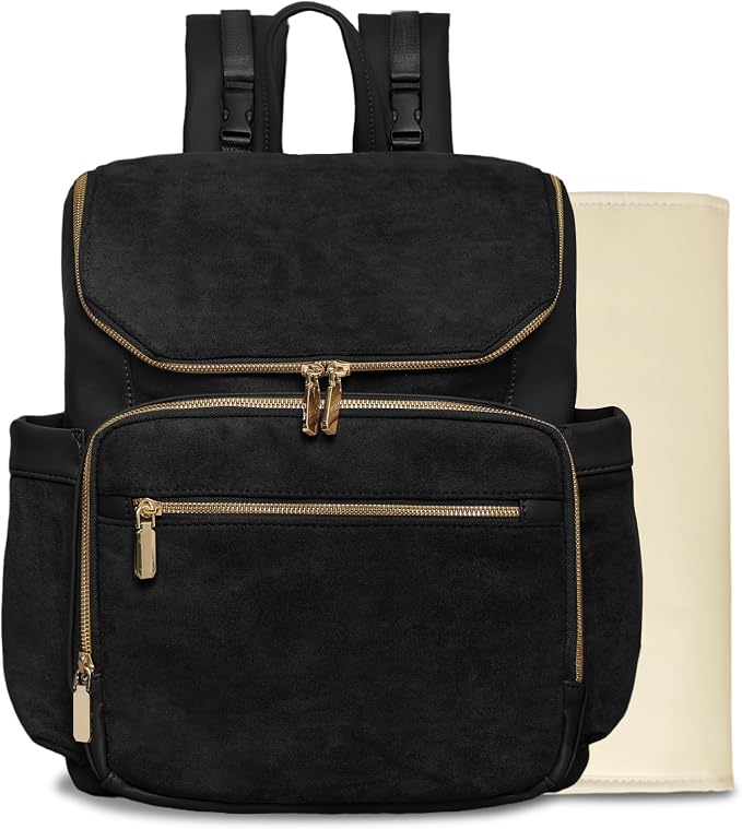 miss fong Leather Diaper Bag Backpack Suede Baby Backpack with Changing Pad | 14Pockets Convertible Mommy Diaper Backpack for Mom Waterproof Wet Pocket,Insulated Pockets,Stroller Straps Luggage Sleeve by missfong