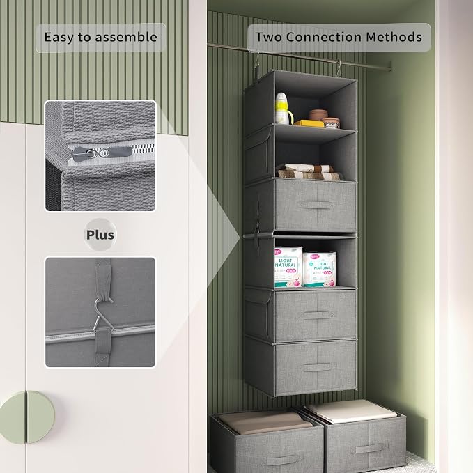 6-Shelf Hanging Closet Organizer with 3 Drawers, Separable, Medium Gray | Converts into Two 3-Shelf Organizers, Foldable Drawers, Side Pockets, Ideal for Wardrobe, Nursery, Dorm & Closet Storage - Image 5