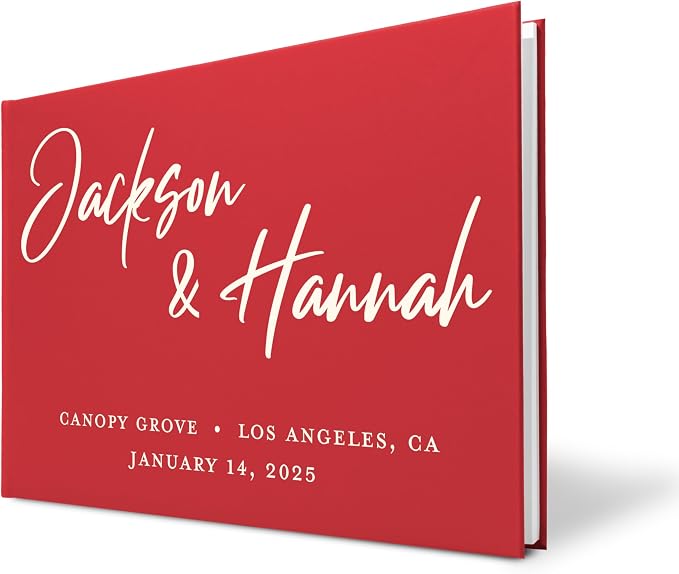 Personalized Wedding Guest Book w/Names, Date, and Address, Custom Hardcover Guest Book for Wedding Reception, Blank Pages for Signing - Wine Red by Follow